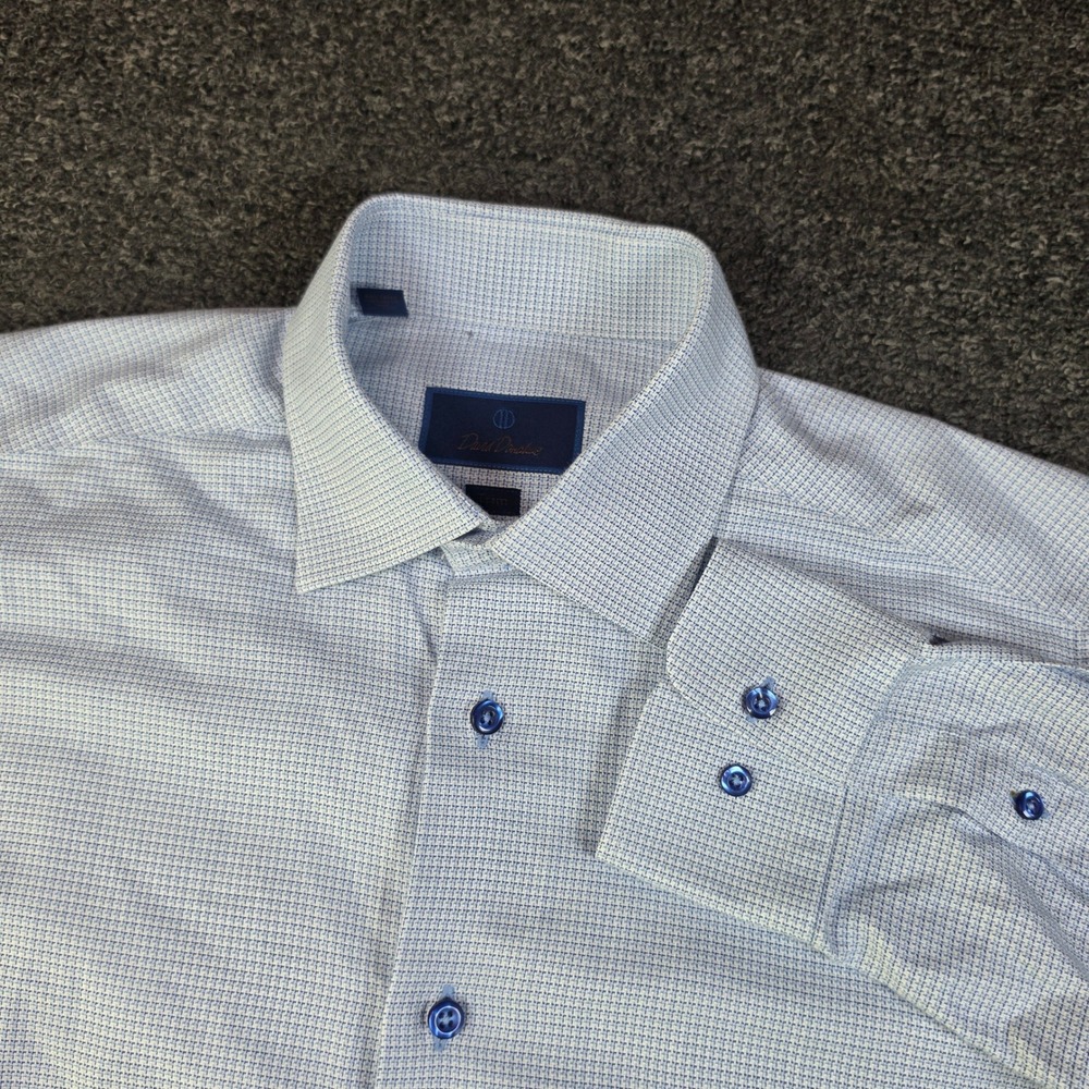 David Donahue Dress Shirt Blue White Houndstooth Mens 15.5 32/33 Trim Fit Cotton